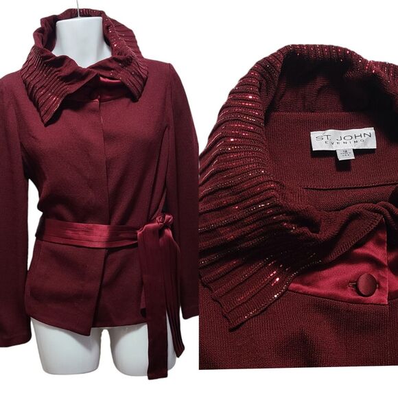 ST JOHN Evening Cardigan Sweater Women's 12 Burgundy Wine Sequin Satin Belted